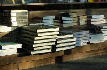 Books displayed in a store window.