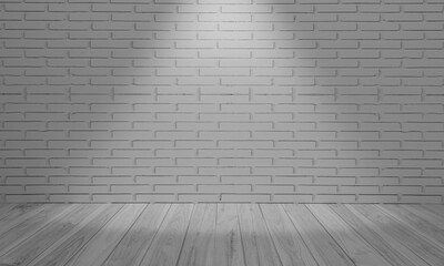 White brick wall and wood floor. Modern bright interior. Empty room with spotlight. 3D rendering