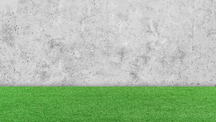 White cement wall with green grass floor. Empty background for product display, template, benner.