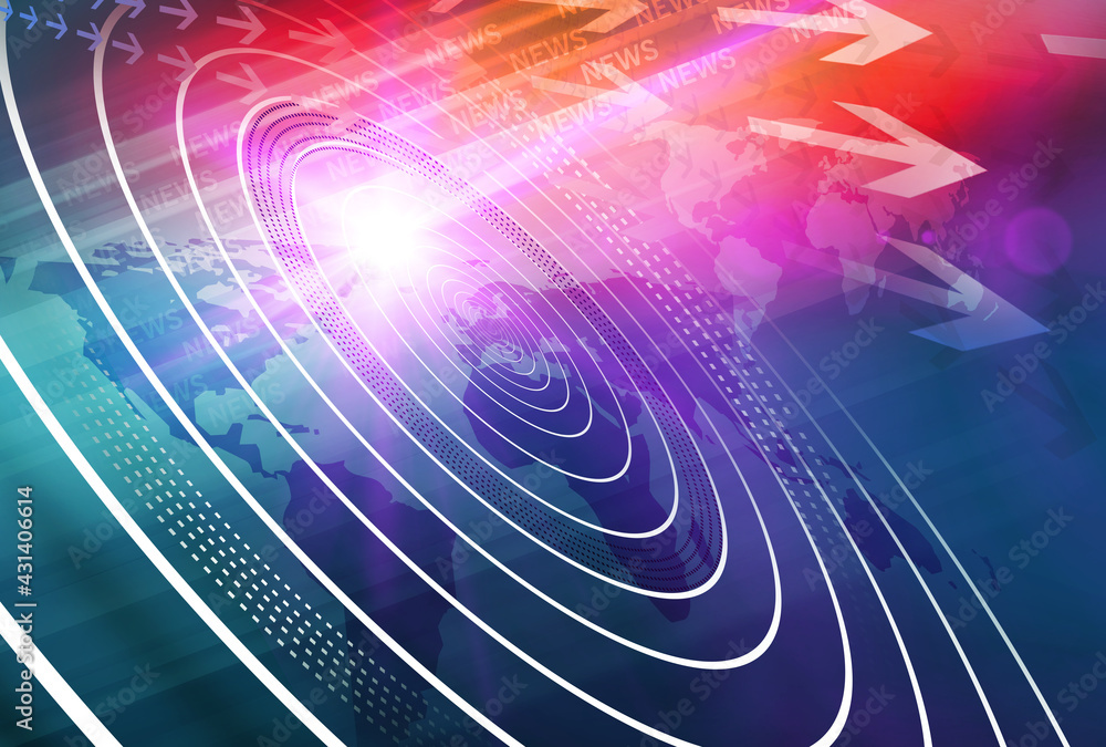 Poster 3d rendering of graphical digital news background with world map and concentric waves circles
