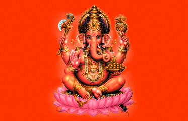 Illustration of Ganesh fully  re-designed on orange background. The entire illustration was recolored based on very old black and white Indian print from the 70'.
