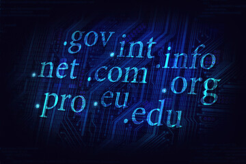 internet domain name concept in dark background neon style, web hosting - obrazy, fototapety, plakaty