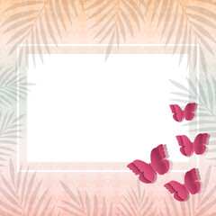 Pusta karta na gradientowym tle w minimalistycznym stylu otoczona gałązkami i motylami wyciętymi z papieru. Życzenia, Dzień Matki, tło dla social media stories, karta podarunkowa, voucher. - obrazy, fototapety, plakaty