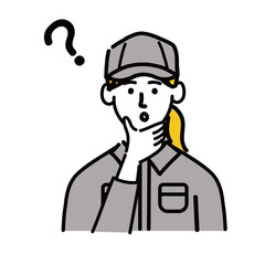 作業服　女性　若い　考えている　ポップ　手描き
