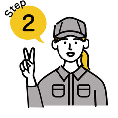 作業服　女性　若い　ステップ　2　ポップ　手描き
