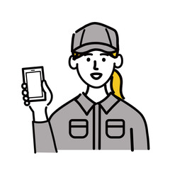 作業服　女性　若い　スマホ　スマートフォン　携帯電話　携帯　ポップ　手描き
