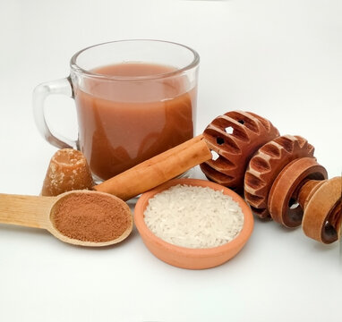 cocoa drink Chilate drink (originally from Guerrero, Mexico) prepared from  with cocoa, cinnamon, rice and brown sugar. Molinillo (whisk)