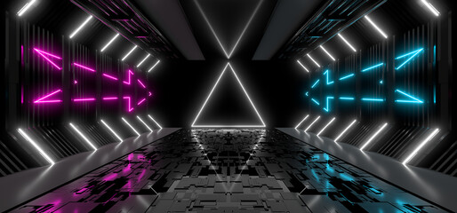 Sci Fy neon lamps in a dark hall. Reflections on the floor and walls. 3d rendering image.