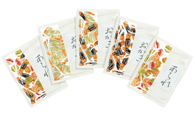 日本のお菓子「おかきとあられ」手描き水彩風イラスト