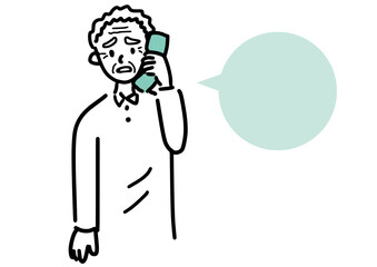 不安そうに電話する高齢者男性イラスト