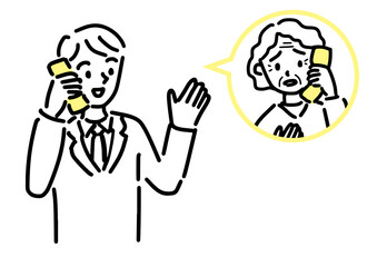 電話相談する不安そうな高齢者女性のイラスト