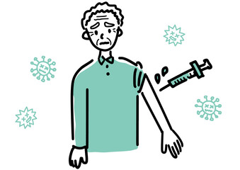 ワクチン接種と不安そうな高齢者男性イラスト