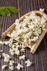  acacia blossoms flowers on wooden background