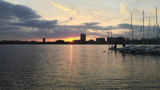 Beautiful sunset seen at Lake Bde Mka Ska in Minneapolis, minnesota aerial view over the water
