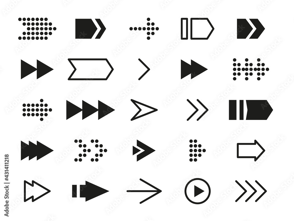 Poster black different arrows icon set. outline, flat and dotted pointer cursor. infographic element naviga