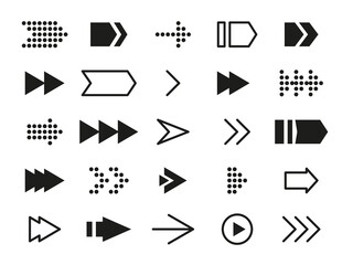 Black different arrows icon set. Outline, flat and dotted pointer cursor. Infographic element navigation sign graphic symbols up, left, right, down. Interface player, app. Isolated vector illustration