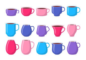 Set of template ceramic colorful mugs pink, blue. Cups with coffee, mockup icon. Different type container flat cartoon style with space for design logo, label, tea house shop menu. Vector illustration