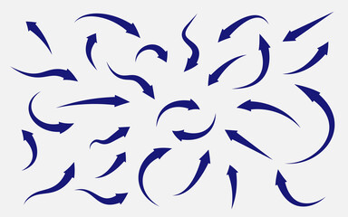 Calligraphic blue arrow icon set. Flat curved cursor sign. Different dirrection arrows. Simple graphic symbol up, left, right, down. Navigation pointer. Element rotation or refresh Vector illustration