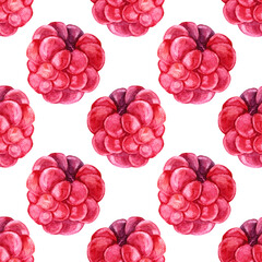 Seamless pattern watercolor hand-drawn raspberries. Summer red plant berry. Sweet freshness dessert food. Art creative object for menu, sticker, card, textile, wallpaper, wrapping, celebration