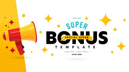 Banner advertising super bonus special offer on final sale. Announcement poster template with megaphone speaker for business and ecommerce promotion marketing limited time campaign vector illustration - obrazy, fototapety, plakaty