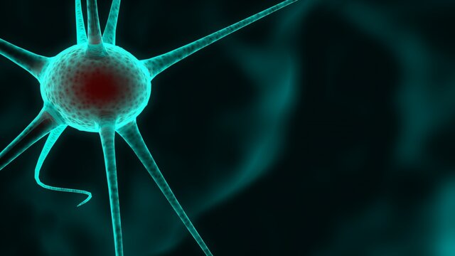 Modelo 3d de mol&eacute;culas de virus. Ilustraci&oacute;n tridimensional de neurona con textura y relieve. Fondo para presentaci&oacute;n de ciencia.