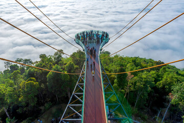 skywalk in Yala Province, Southern Thailand The whole milky way Beautiful morning mist, suitable for traveling. - obrazy, fototapety, plakaty