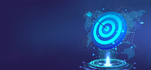 Goal achievement concept. Business banner template with 3D Goal, hologram and world map. Target for darts with an arrow to the bull's eye. Success, achievement, precision. Vector illustration victory