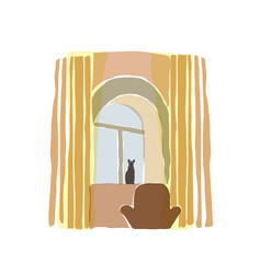 The cat is sitting on a semicircular arched window. Curtains and tulle hang over the Windows. Vector illustration. Sketch.