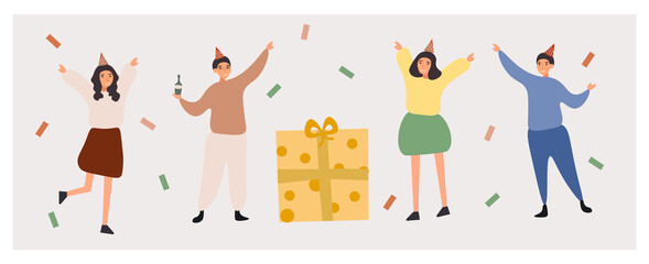 Group of happy people raising hands celebrating birthday party with colorful confetti vector flat illustration.Having fun with friends isolated.Vector ilustration.