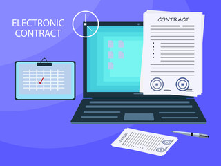 Electronic contract, digital signature, key, vector illustration. Paper document with print on laptop screen. Online form, treaty, internet office. The concept of paperwork, treaty, agreement, deal