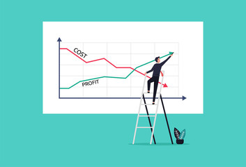 Businessman drawing graphs profit vs cost reduction concept vector illustration. - obrazy, fototapety, plakaty