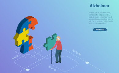 Alzheimer diseases, memory loss,  neurology therapy and mental health in senior people. Elderly patient try to fix jigsaw puzzle missing piece in human brain. Isometric vector.