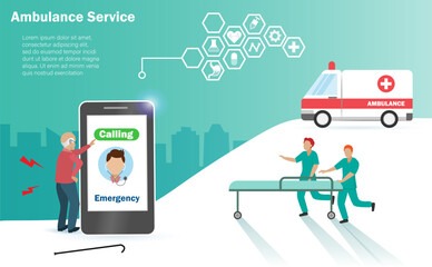 Senior old man calling emergency ambulance for help from sickness with medical team hurry to help. © Kate3155