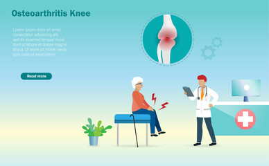 Senior patient suffering from osteoarthritis knee pain, degenerative joint pain caused by wear and tear with doctor diagnosis in hospital room. Medical and healthcare innovation technology concept.
