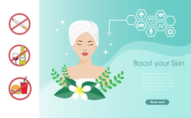 Boost your skin, dermatology, cosmetology concept. Beautiful woman in towel with brighten facial skin when stop smoking, alcohol and fast foods.