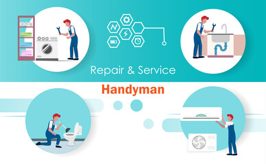 Infographics of handyman repair and service job. Fixing and maintenance household equipments, washing machine, plumbling, air conditioning and lavatory.