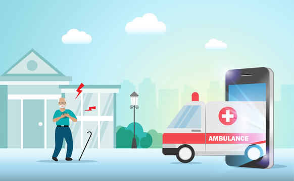 Senior old man calling emergency ambulance through smartphone for help from heart attack. Medical and healthcare technology service for elderly people concept.


