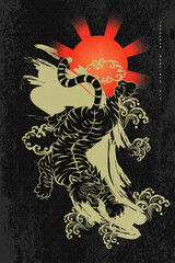Japanese Abstract Art Tiger Roaring and Climbing Down Rear View on the Gold Stroke Brush with Clouds and Water Splash Combined with Gradient Sun with Radiant on Leave Repeat Pattern Black Background