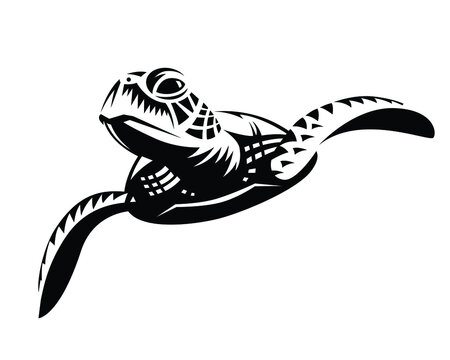 Black graphic sea turtle swimming, front view.