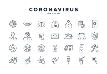 Big set of coronavirus disease outline icons. Modern flat cartoon icon bundle for covid-19 medical concepts. Includes face mask, doctor, and health protection symbols.