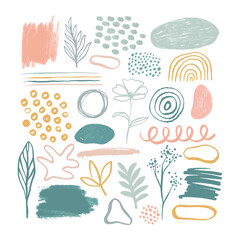 Minimalist abstract nature art shapes collection. Pastel color doodle bundle for fashion design, summer season or natural concept. Modern hand drawn plant leaf and floral shape decoration set.