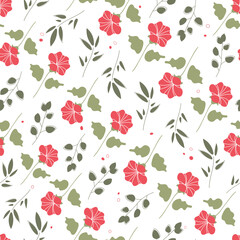 Floral seamless pattern. Simple abstract red flowers on a white background. Botanical vector illustration. 
