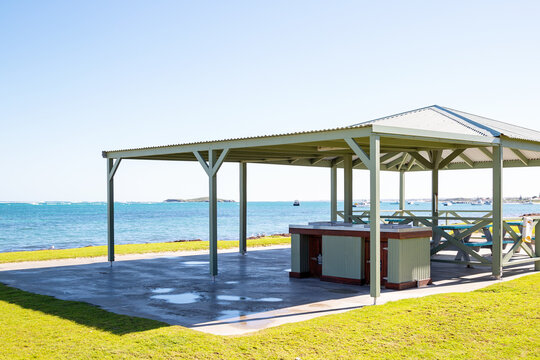 Beach public barbecue and picnic area by the ocean in Lancelin, Western Australia