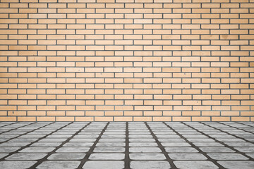 Empty room with bricks wall and tiled floor.