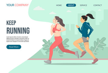 Running landing page template. Two woman running in the park.