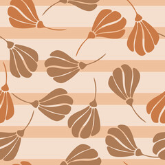 Seamless pattern with doodle abstract orange and beige flowers silhouettes. Striped beige background.