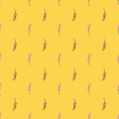 Pink little lily of the valley seamless pattern in hand drawn style. Orange background. Nature backdrop.