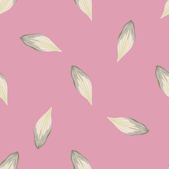 Minimalistic abstract seamless pattern with cute white leaf ornament. Pink background. Simple style.