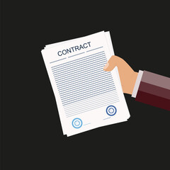 Contract, agreement in the hand of a businessman about provision of services. Vector illustration. Signature, stamp on paper document. Approved business financial form.Affiliate treaty about delivery.