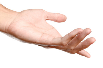 Male caucasian hand reach and ready to help or receive. Gesture isolated on white background.	